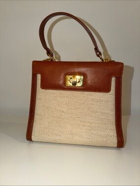 Vintage Brooks Brother Brown & Natural Woven Fabric Kelly Bag